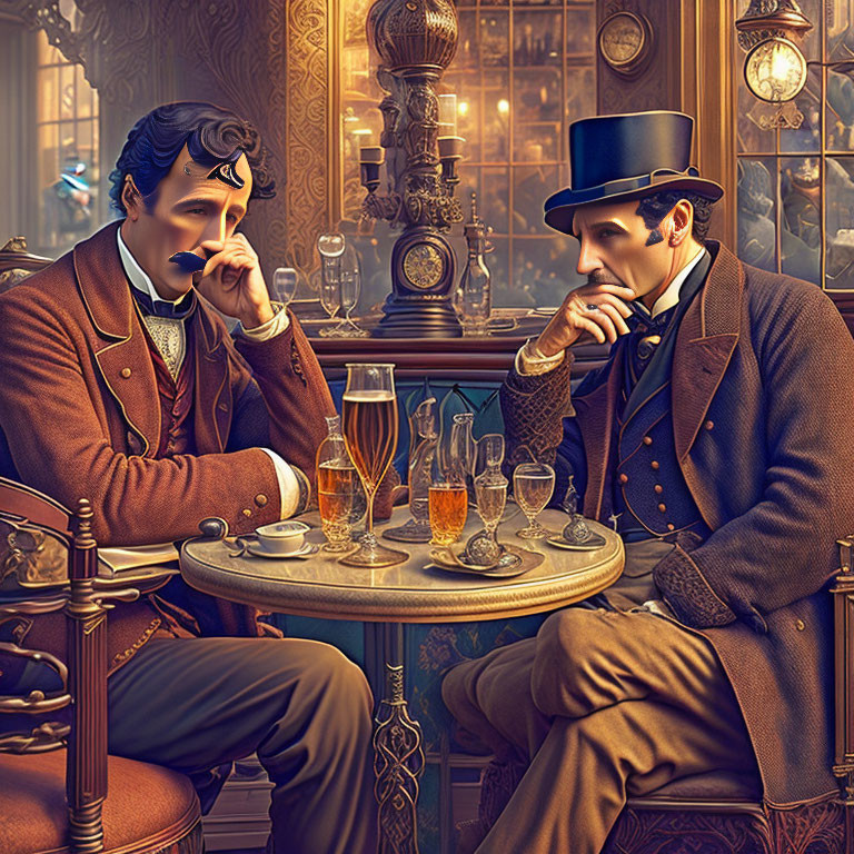 Vintage setting: Two elegantly dressed men conversing with drinks and a smoking pipe