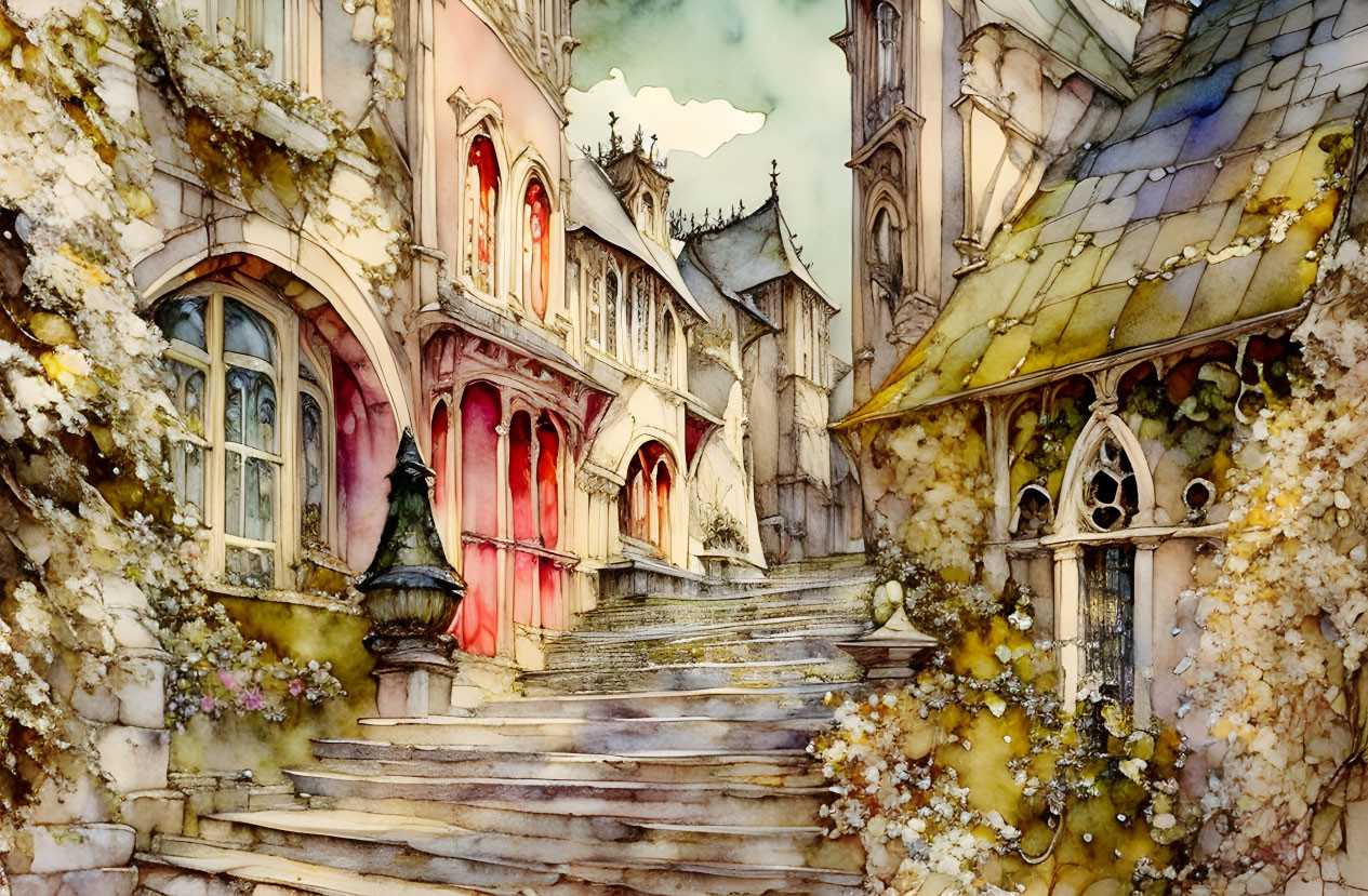 Whimsical watercolor painting of aged European staircase amid stone buildings