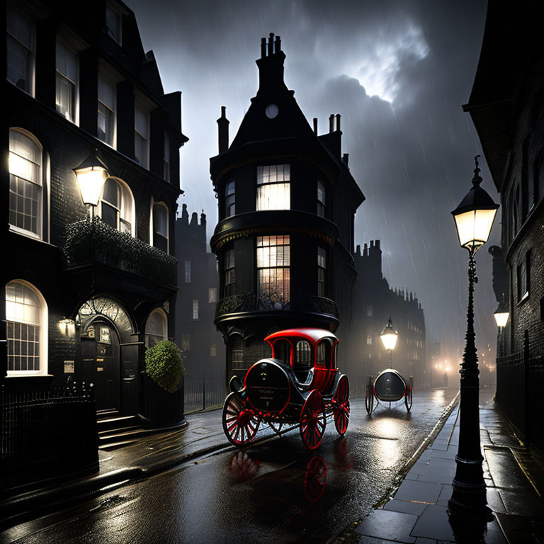 Vintage Red Carriage on Wet Cobblestone Street at Night