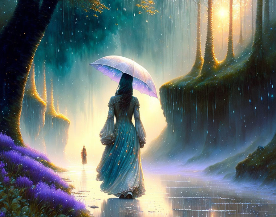 Person with umbrella in mystical forest path with glowing lights, rain, luminescent flowers, and trees