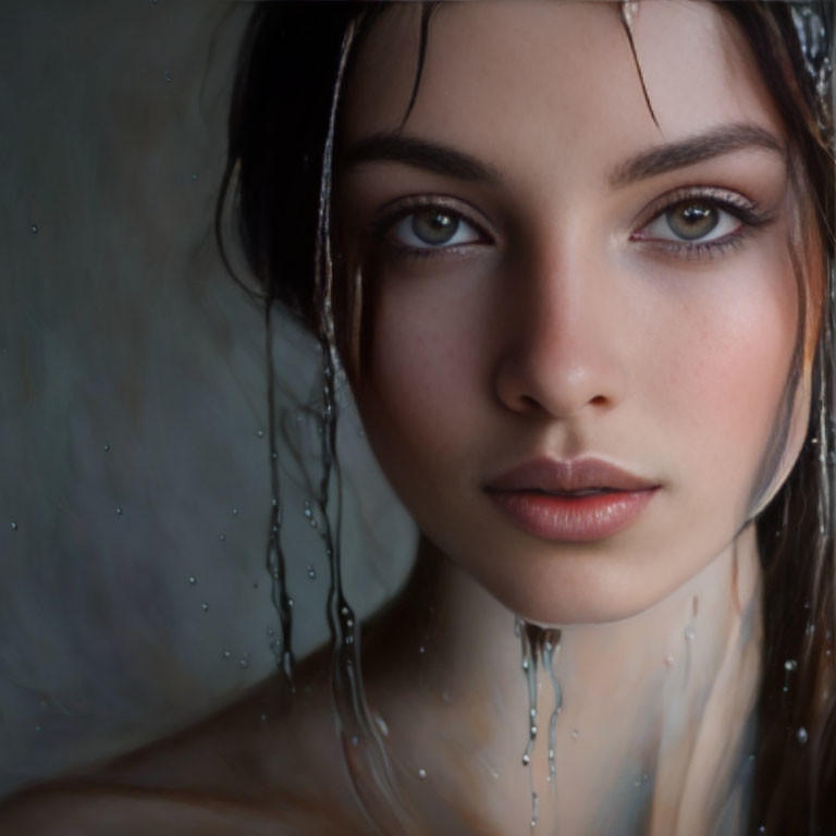 Woman's face with water droplets, misty background, soft focus