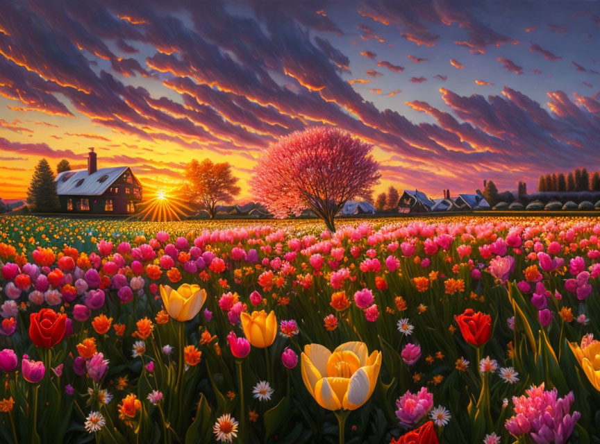 Colorful tulip field at sunset with farmhouse and blossoming trees