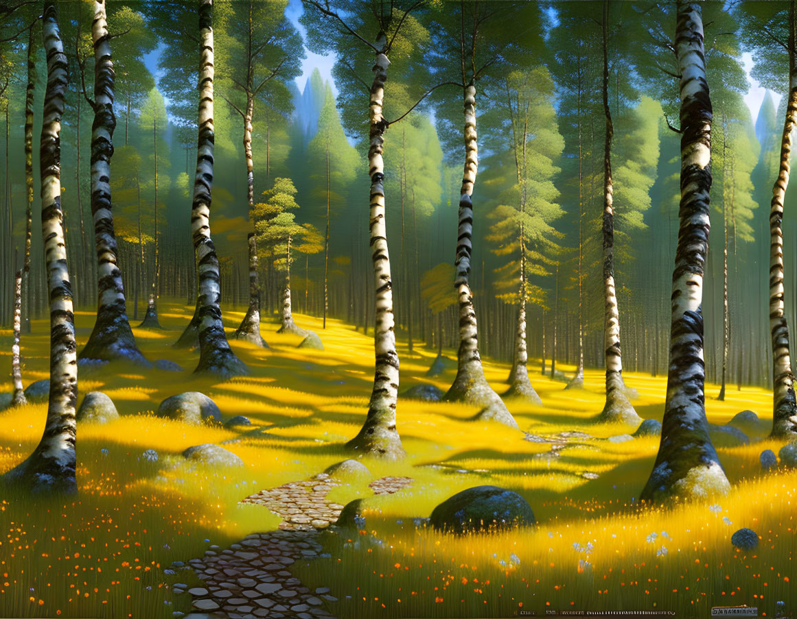 Tranquil birch tree forest with yellow ground cover