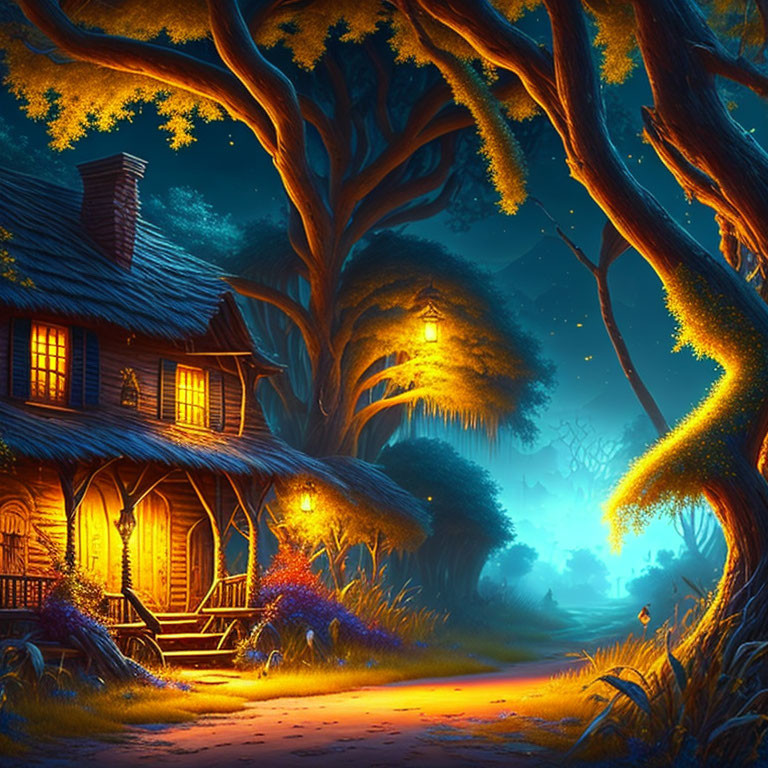 Cozy cottage surrounded by glowing, magical trees at night