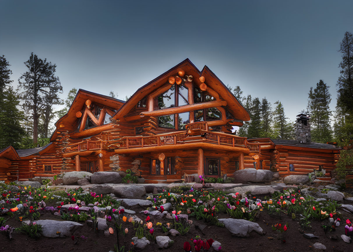 Rustic log cabin with lit windows amidst colorful tulips