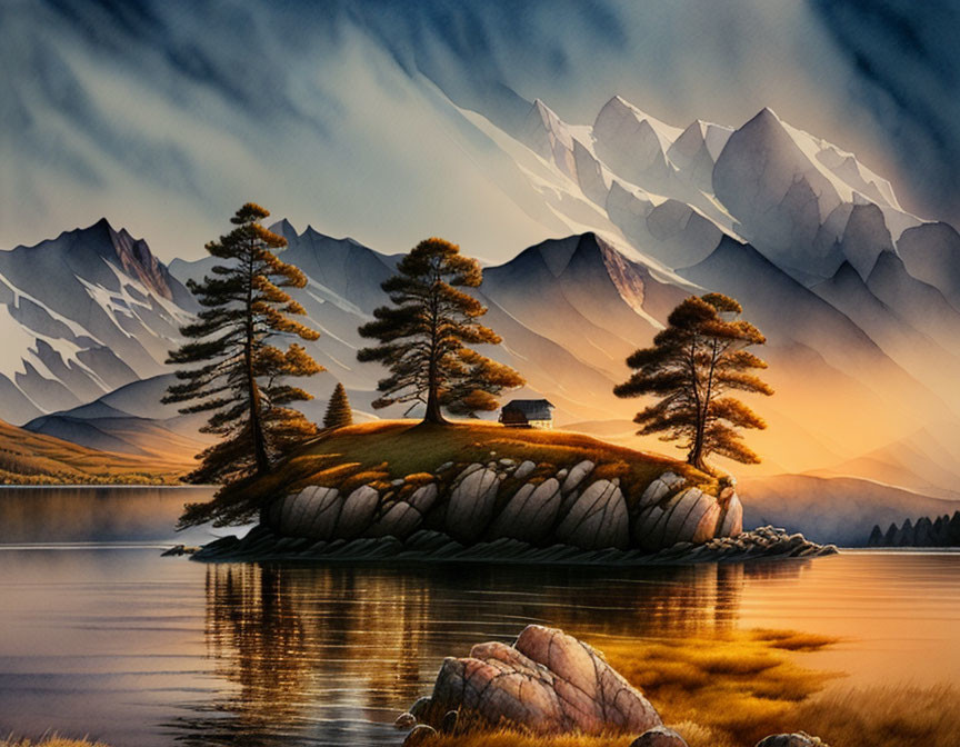 Tranquil landscape: cabin on islet, pine trees, calm waters, snow-capped mountains