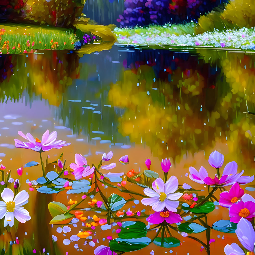 Colorful flowers and trees reflected in serene pond scene.