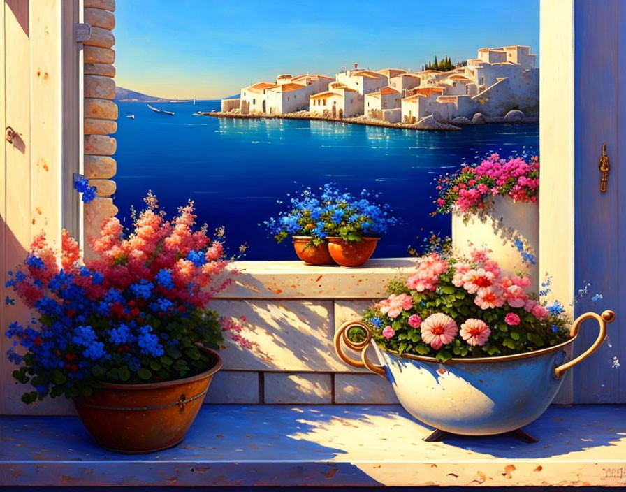 Coastal village scene through window with vibrant flowers overlooking calm sea.