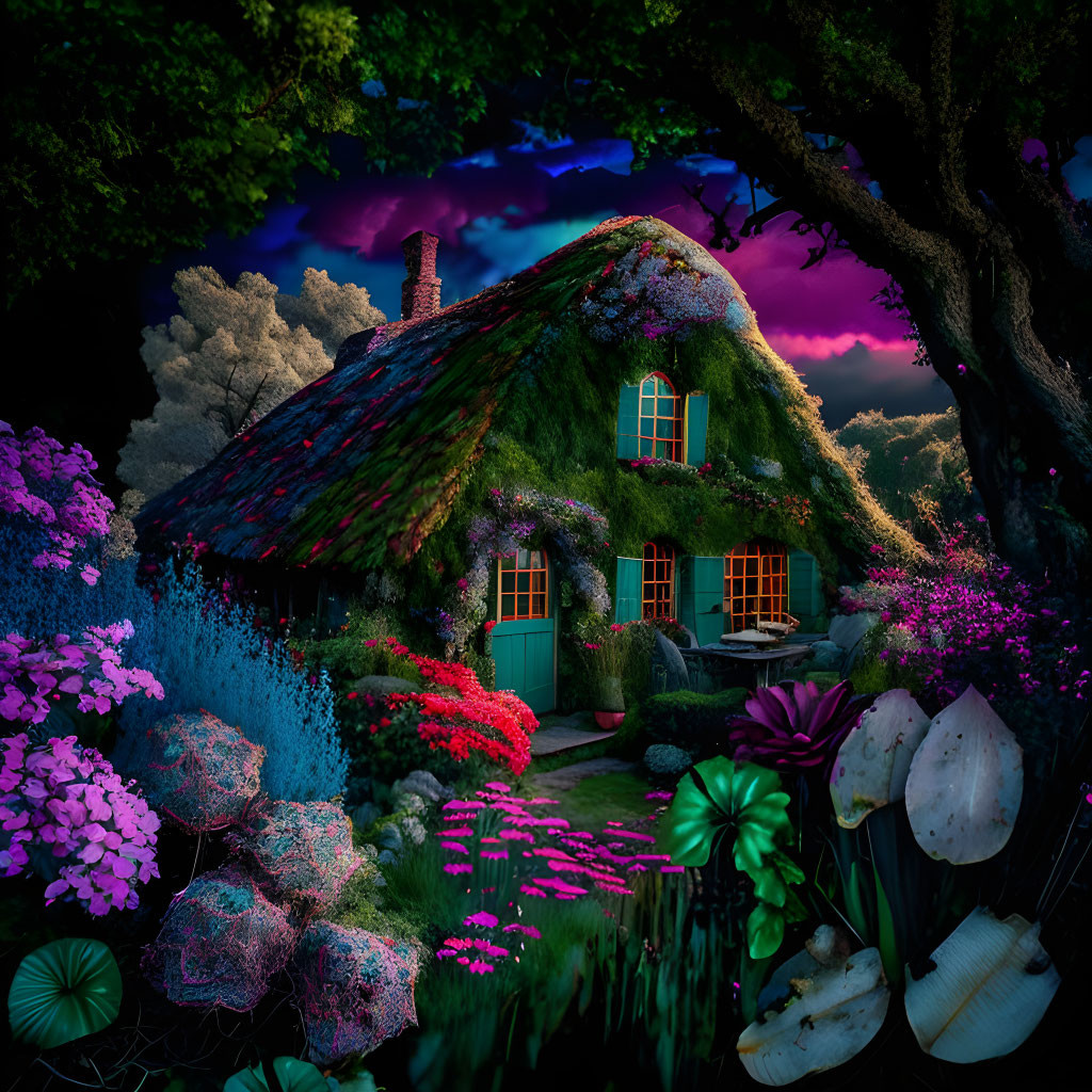 Quaint cottage with moss-covered roof in vibrant garden at twilight