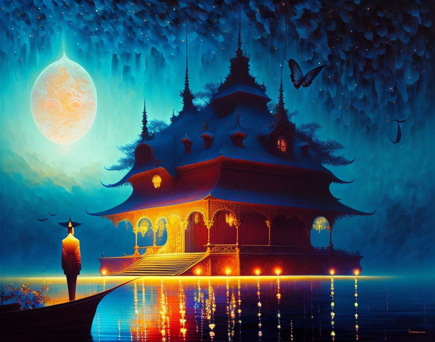 Mystical pagoda with multiple eaves under full moon and reflected on calm water.