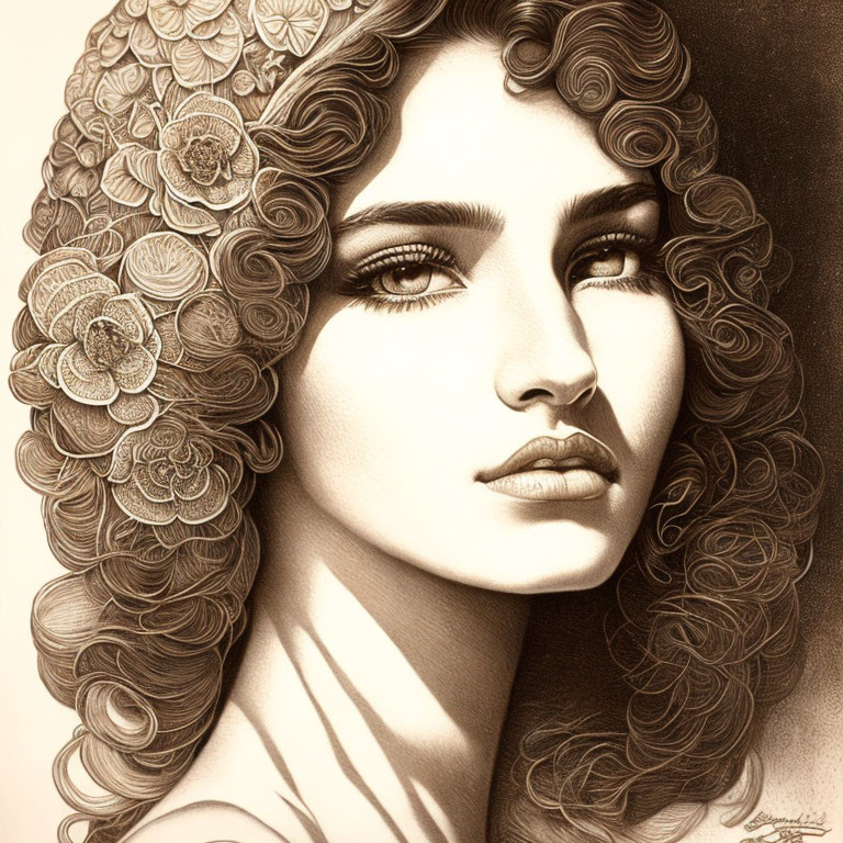 Sepia-toned illustration of woman with floral-patterned curly hair gazes sideways