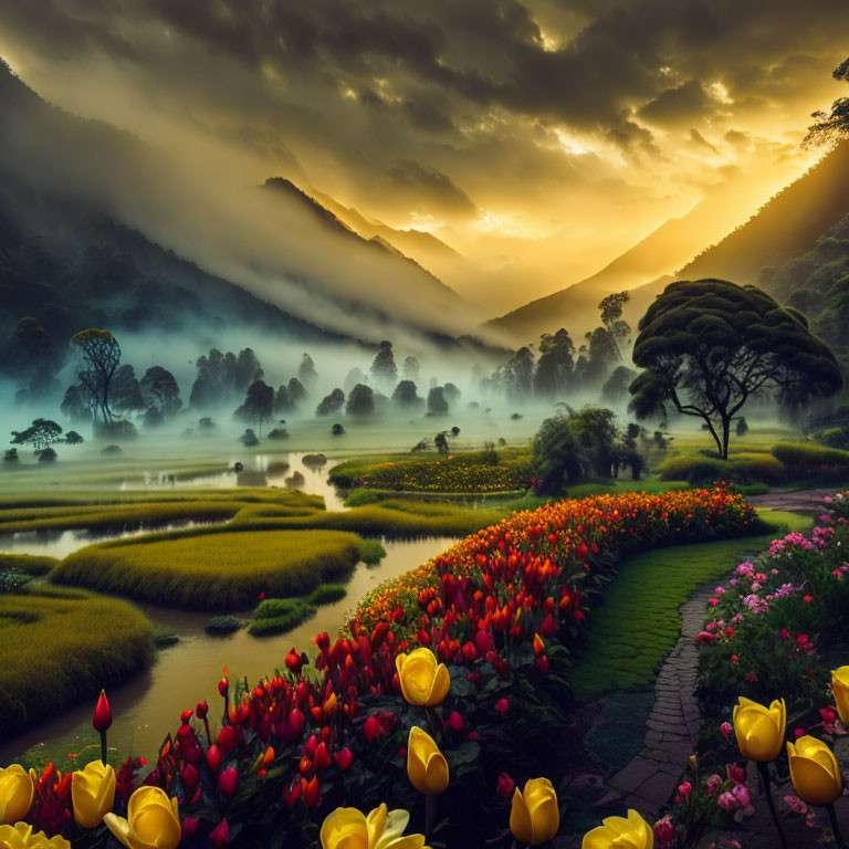 Foggy sunrise landscape with vibrant flowers, sunbeams, and mountains