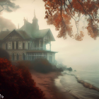 Victorian house on beach at dusk with warm lights, autumn foliage, distant ship