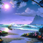 Fantasy seascape with crashing waves, full moon, flowers, and towering cliff