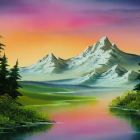 Serene watercolor landscape: vibrant sunset hues, reflective lake, towering mountains, lush greenery