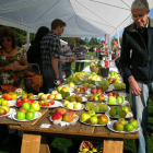 Vibrant market scene with period attire, fruit stalls, and timber-framed houses