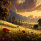 Tranquil sunset landscape with wildflowers, hills, and mountains