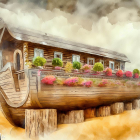 Illustration of log cabin and ship fusion with colorful flowers on sandy backdrop