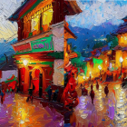 Impressionistic snowy village painting with colorful buildings