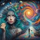 Surreal artwork: Woman with cosmic patterns, galaxy spiral, figure walking to starry horizon