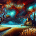 Mystical cottage in vibrant night sky with surreal landscape