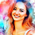 Colorful digital painting of smiling woman with wavy hair and floral patterns