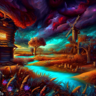 Fantasy landscape at sunset with windmill, house, river, and fiery sky