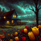 Digital artwork of cozy cottage in lush garden at twilight