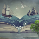 Open book with ocean, ship, trees, and birds on pages under hazy sky