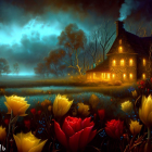 Twilight cottage with vibrant tulips, trees, and starry sky