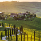 Rolling hills with sunlit fields, rustic fence, farmhouses, and golden light.