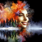 Watercolor painting of woman merging with autumn trees and reflection on water