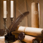 Vintage Composition with Candles, Parchment, Bottle, and Flowers on Wood