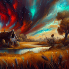 Tranquil countryside scene with vibrant cosmic sky, lake, cottage, trees, and old mill