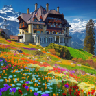 Colorful Flower Garden with Luxurious House and Snowy Mountains