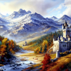 Majestic castle in snowy mountains with autumnal trees and bright sky