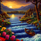 Scenic mountain lake sunset with waterfalls, boat, cabin, and flowers