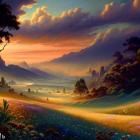 Serene sunrise landscape with rolling hills and colorful flora