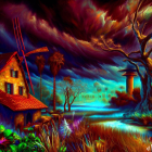 Fantastical twilight digital artwork with cottage, windmill, lake, and crimson trees.