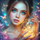 Girl with Bright Blue Eyes Holding Sparkling Lights and Glowing Butterflies