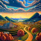 Colorful surreal landscape painting with small house and swirling sky