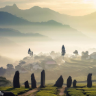 Misty sunrise over rolling landscape with trees and standing stones