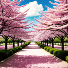 Scenic pathway with pink cherry blossom trees under blue sky