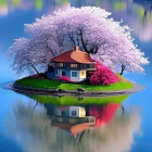 Tranquil island scene with pink cherry blossoms and calm lake