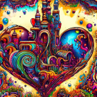 Colorful Psychedelic Castle Illustration with Ornate Heart and Starry Background