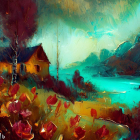 Colorful lakeside cabin painting with wildflowers and mountains at twilight