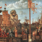 Historical harbor scene with ornate ships, period attire crowds, and vibrant sky