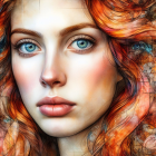 Illustration of woman with red curly hair, blue eyes, freckles, and floral adornments