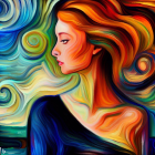 Colorful surreal portrait of a woman with swirling hair and vivid blue eye.