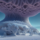 Gigantic mushroom-like structure in surreal snowy landscape